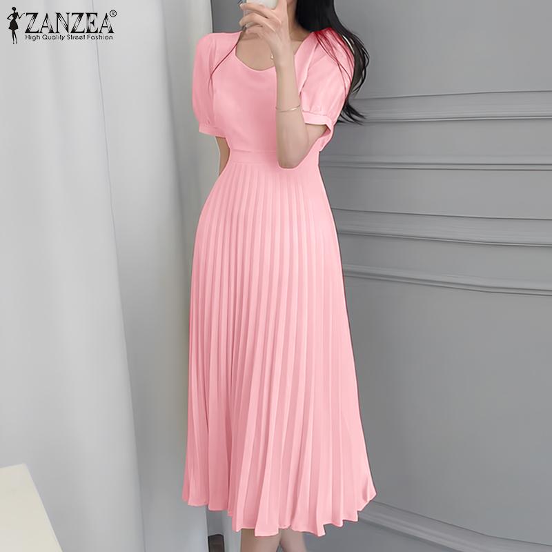 ZANZEA Women Casual V-Neck Short Sleeve Summer Pleated Long Dress