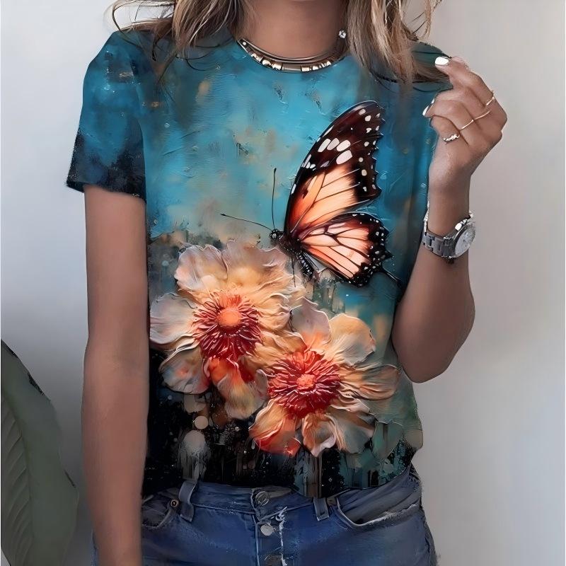 Fashion Women s Crew Neck Short Sleeve 3D Color Printed Butterfly Short Sleeve Crew Neck T-Shirt XS