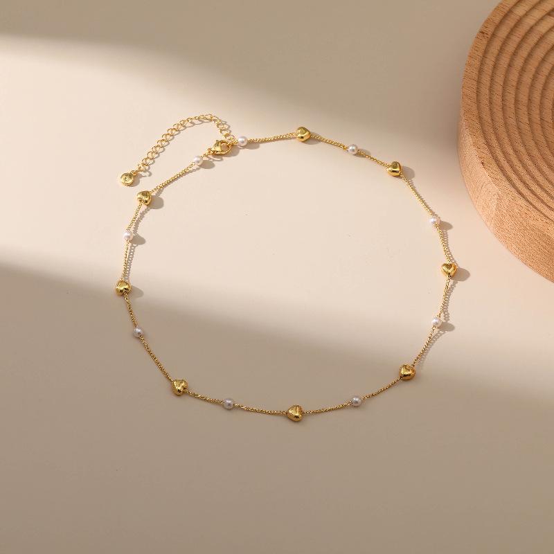Gold Plated Dainty Station Pearl Hammered Heart Choker Necklace