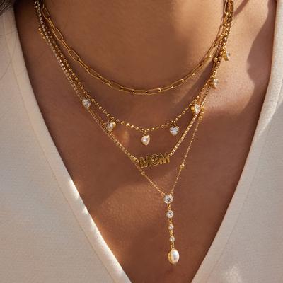 Fashion Trendy Gold Plated Stainless Steel Zircon Letter Link Chain Pendant Necklace for Women Party Occasion