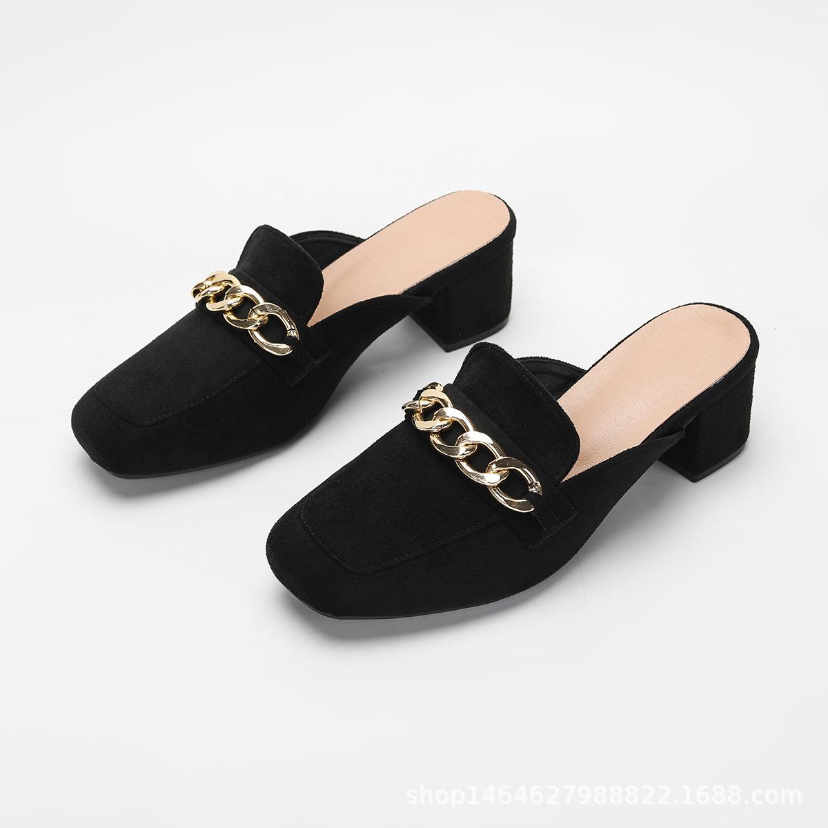 

New square head metal decoration, empty lazy person with one foot, bag head high-heeled sandals 37 чёрный