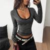 Women's Contrast Color Striped Long Sleeve T-Shirt Women's Slim Fit Bottoming Top
