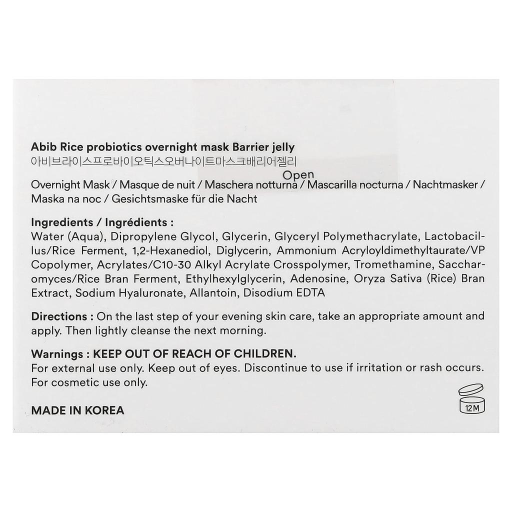 ABIB Rice Probiotic Overnight Beauty Mask, Barrier Jelly, 80ml (2.7 Fl Oz)