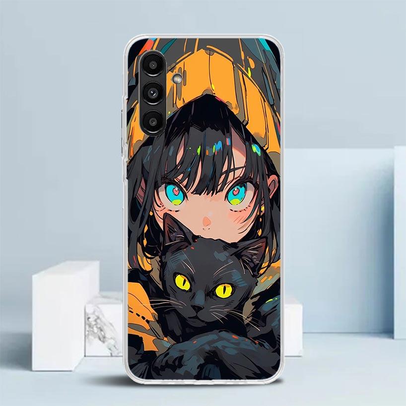 Anime Girls Cute Black Cat Phone Case For Samsung Galaxy A17 A37 A57 A16 A15 A14 A13 A56 A55 A54 A53 A36 A35 A34 A33 A26 A25 A24