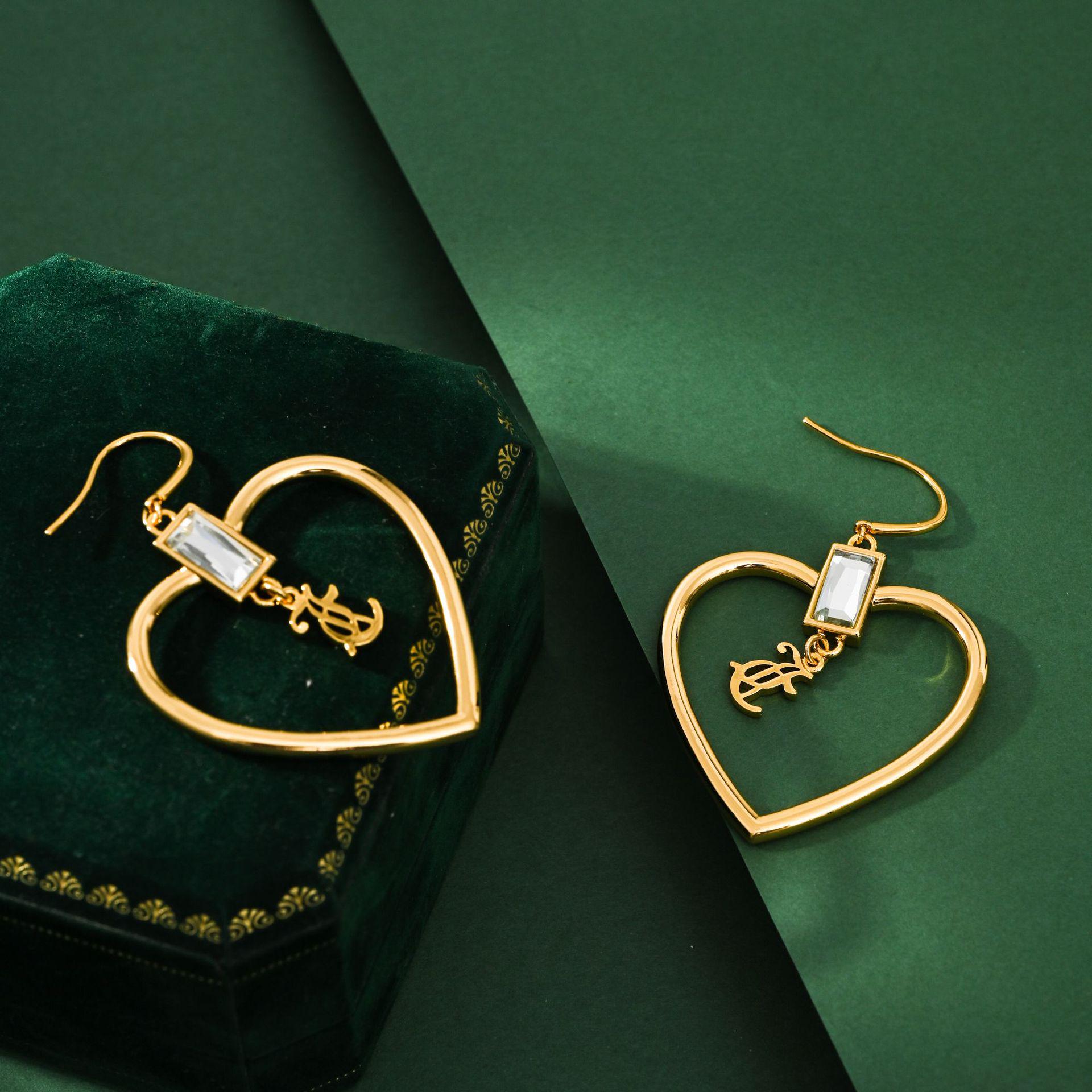 European American Style Zircon Heart Tassel Hoop Earrings