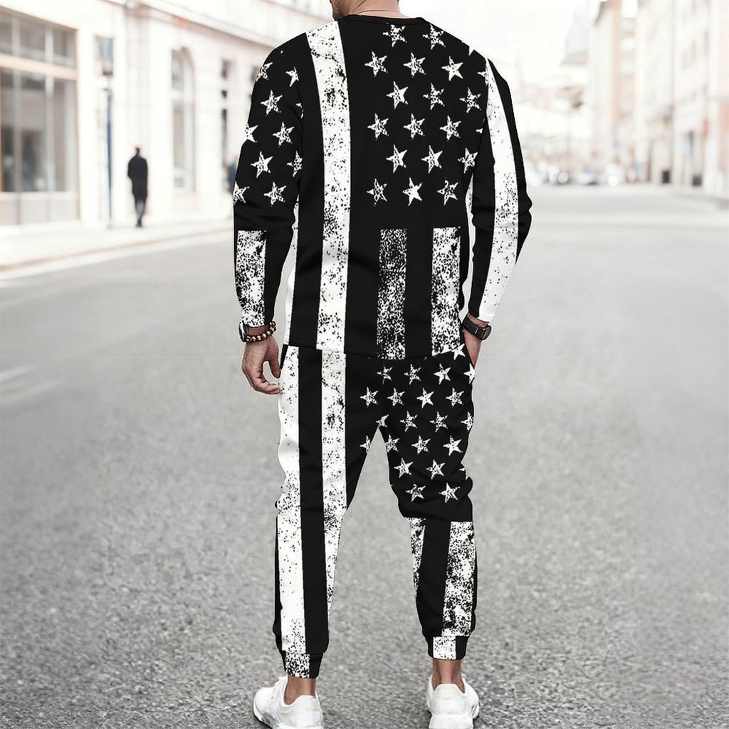 Men Vintage Star Stripe Print Long Sleeve Sweatshirt Drawstring Cuffed Jogger Pants Two Piece Streetwear Suit