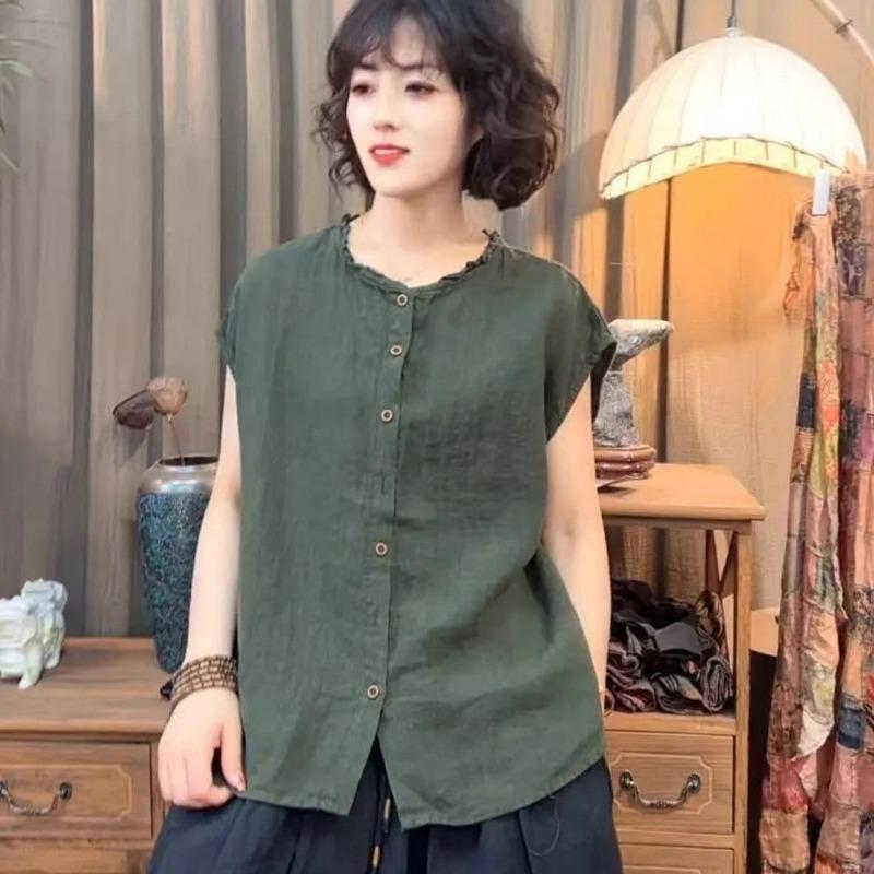 Women Purple Linen Blend Ruffle Trim Stand Collar Sleeveless Button Up Shirt