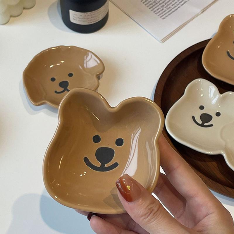Adorable Ceramic Sauce Dish With Cute Dog & Bear Design - Single/Double Compartment Dip Bowl For Condiments, Snacks, Sushi, Soy