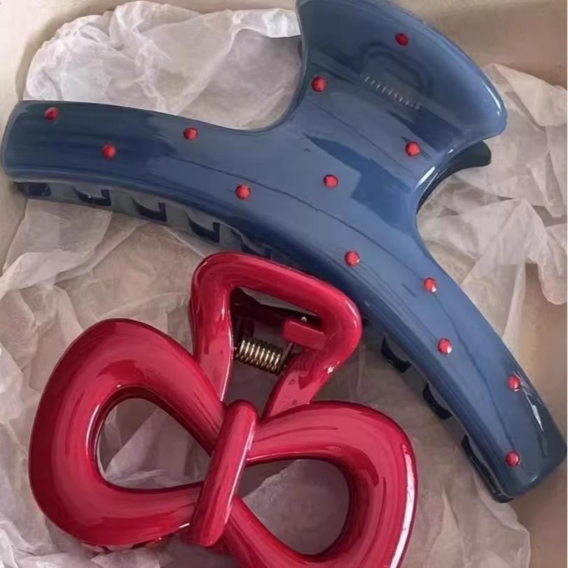 Polka Dot Blue Retro Claw Clip for Women - Red Bow, High-End Updo Hair Accessory