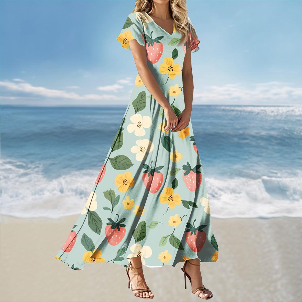 Women's Summer Casual V Neck Short Sleeve Maxi Dress with Floral Print Lightweight Relaxed Fit Flowy Design for Daily Wear