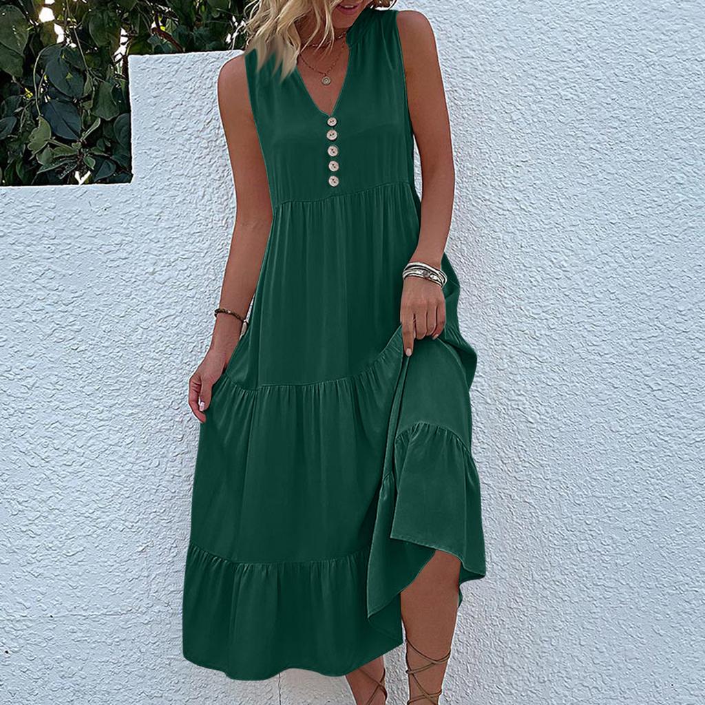 Sleeveless Women's Dress Casual Flowy A-Line Midi Tshirt Dresses With Pockets Crewneck Vocation Boho Beach Sundress