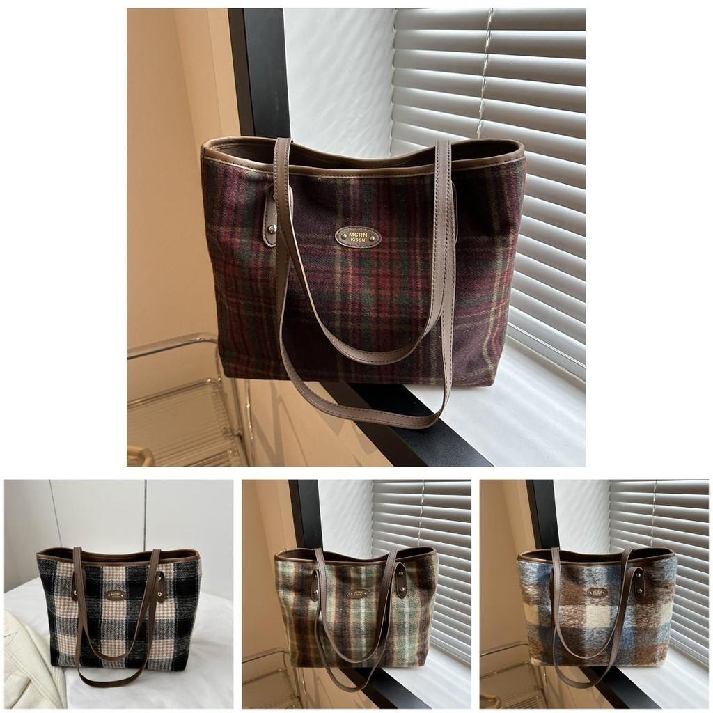 Fashionable Winter Woolen Plaid Tote Bag 2023 Stylish Casual Shoulder Handbag Soft Texture