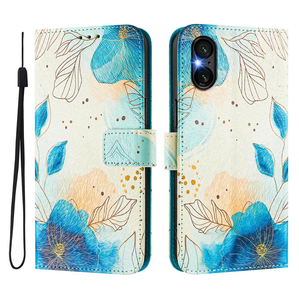 Blue Flower Luxury Painted Leather Case Wallet Book Style Cover for Sony Xperia 5 IV / 10 IV ,Xperia 1 V / 5 V / 10 V,Xperia 1 VI,5 VI,10 VI.