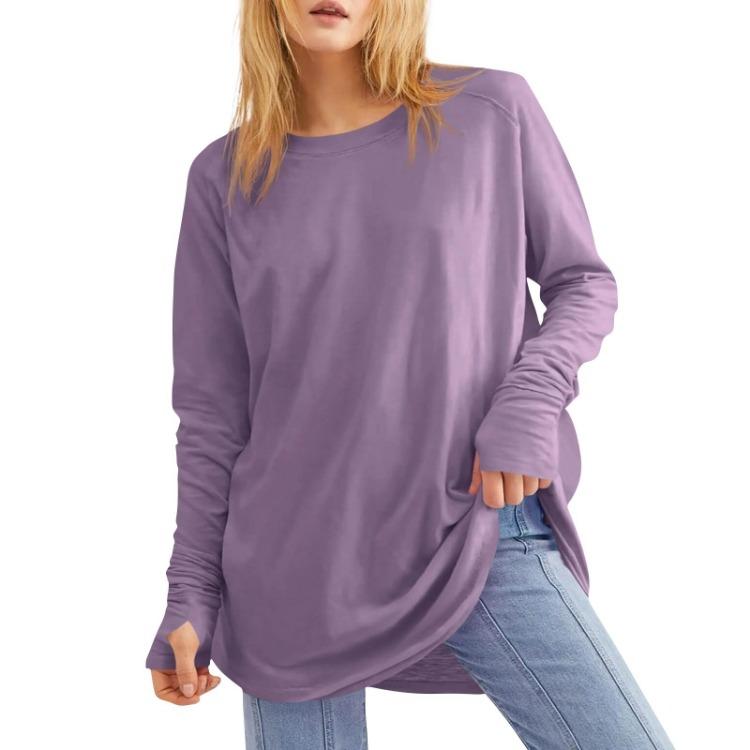 Loose Long Sleeve T Shirt Women Solid Round Neck Medium Top Thumb Hole