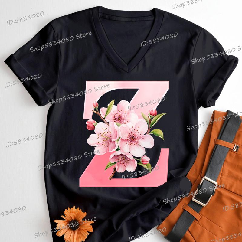Pink Sakura Alphabet Shirts Gift for Women Letter S Floral Monogram Cartoon Tshirt Cherry Blossom Letters A B C D Casual Tops