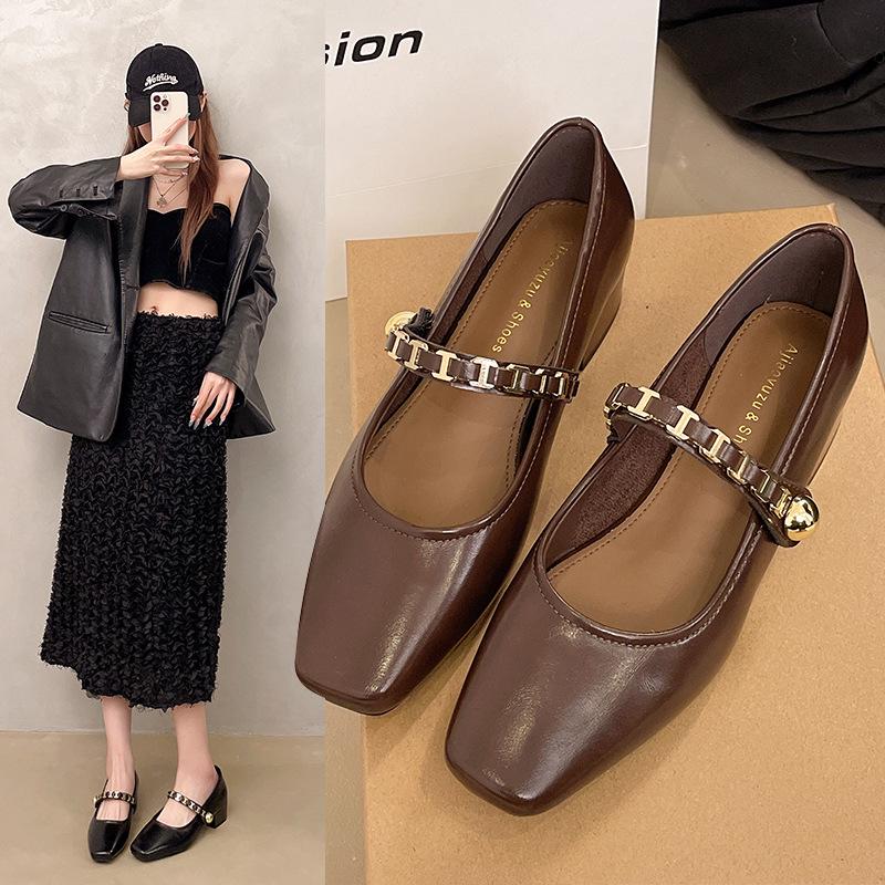 Women's French Retro Square-Toe Mary Janes - Spring Fashion Chain Chunky Heel Low-Cut Leather Shoes