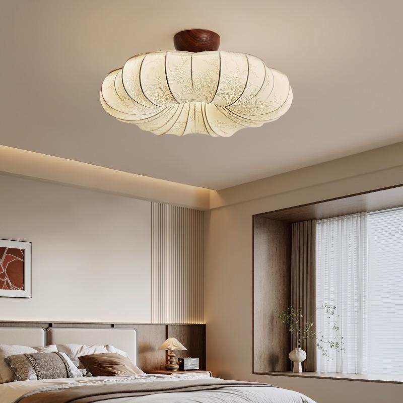 Chinese Fabric Pendant Light for Bedroom or Study - Solid Wood Pattern, Eye-Protecting Ceiling Light for Restaurant.
