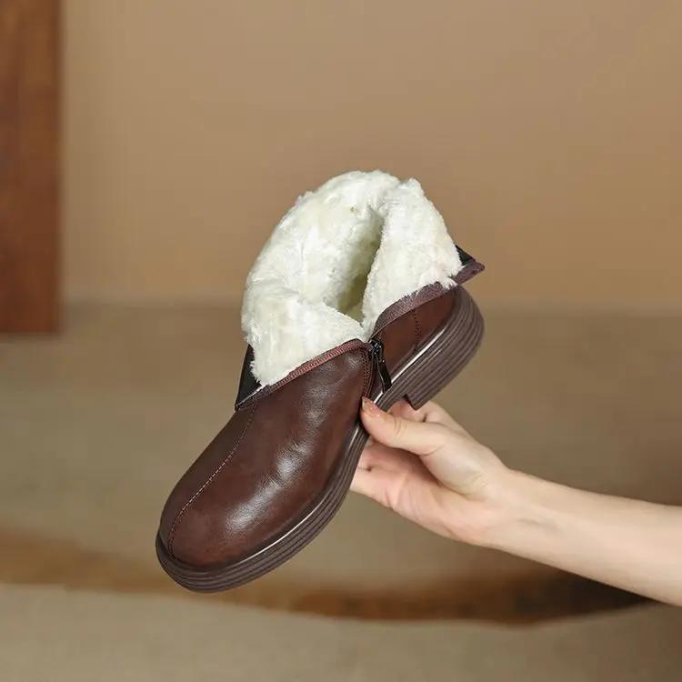 Fashion NEW Winter Women Boots Round Toe Chunky Heel Shoes Split Leather Shoes for Women Concise Warm Plush Ankle Boots Zip Modern Boots