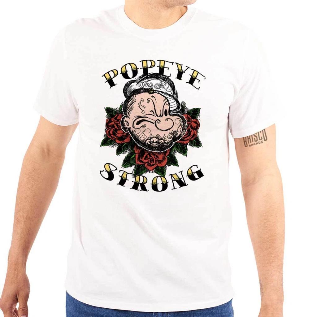 Popeye Strong Retro Cartoon Flower Tattoo Womens or Mens Crewneck 100% Cotton T-shirt Mens Tees Top Tee