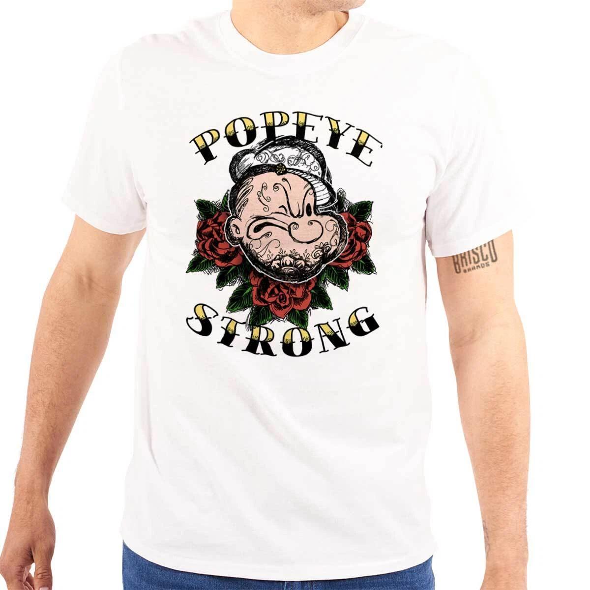 

Popeye Strong Retro Cartoon Flower Tattoo Womens or Mens Crewneck 100% Cotton T-shirt Mens Tees Top Tee S