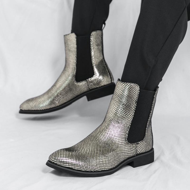 Moda Włoska Marka Modne Męskie Botki Chelsea Luksusowe Złote Wysokiej Klasy Buty Wizytowe do Garnituru Męskie Biznesowe Wysokie Krótkie Botki