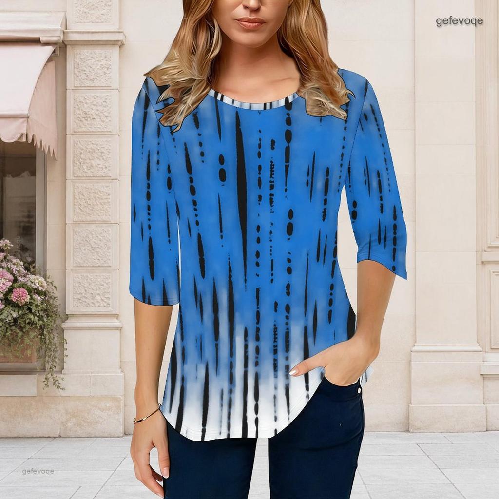 Women Plus Size Round Neck Three Quarter Sleeve Tie Dye Printed Curved Hem T Shirt