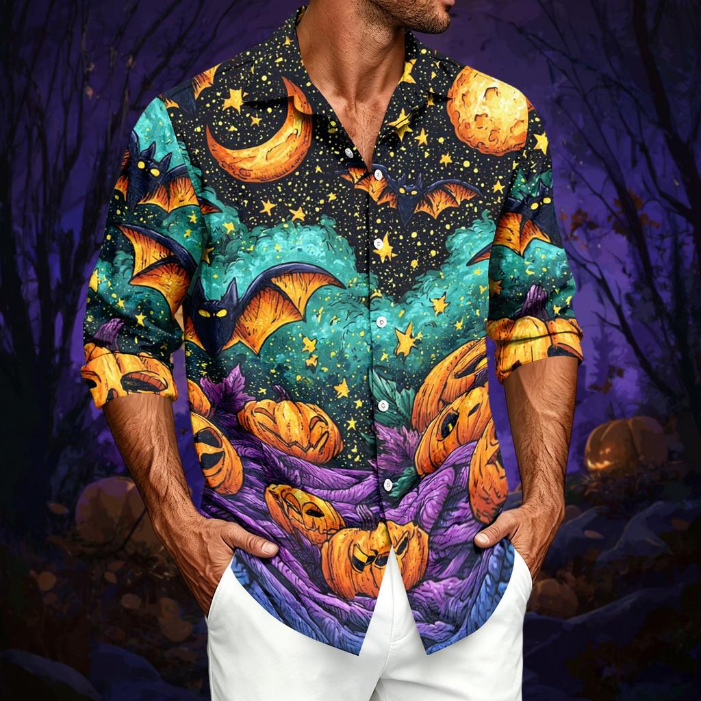 Men's Casual Long Sleeve Shirt with Halloween Print for Spring and Fall Everyday Wear