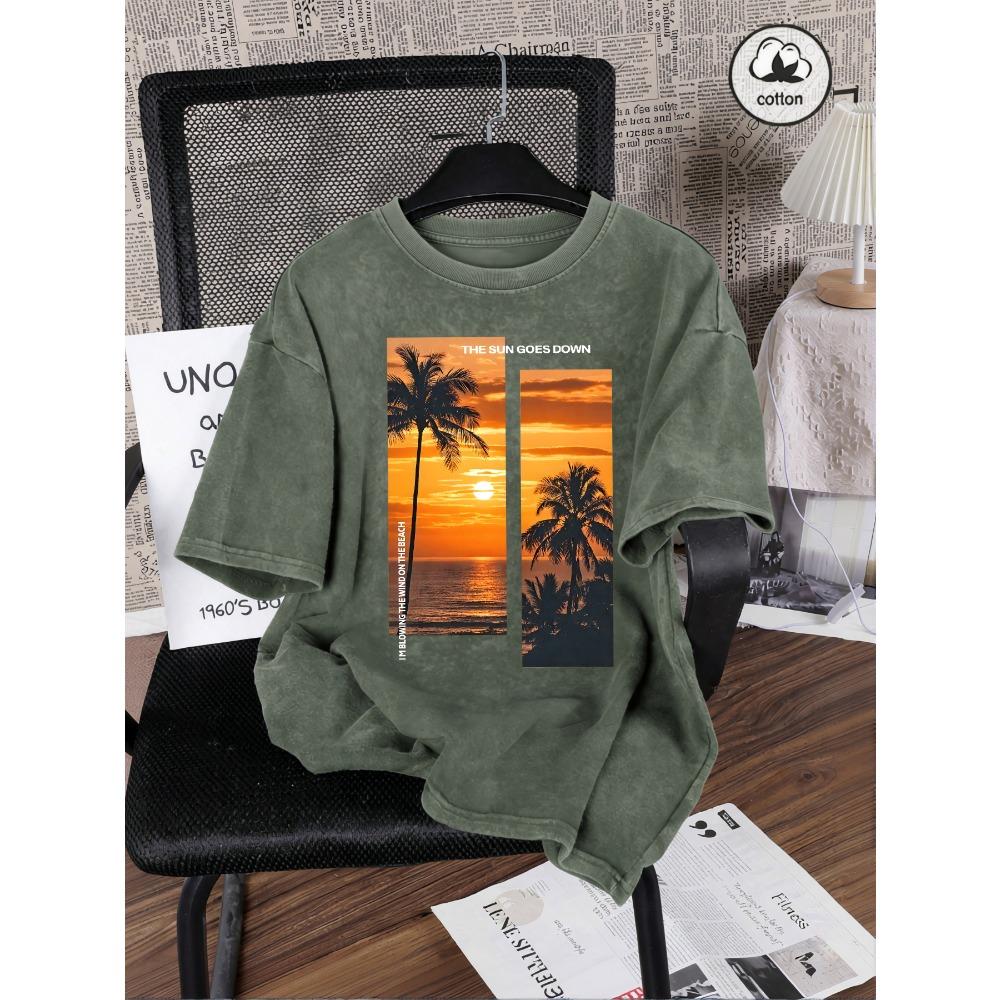 Beautiful Coconut Tree Beach Scenery Print Women Washed T Shirt Cotton T-Shirts Vintage Loose Short Sleeves Sportswear