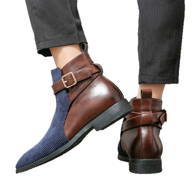 Høst og vinter ny fargekombinasjon kordfløyel beltespenne herreskinnstøvler lav hæl spiss stor størrelse retro utenrikshandel britiske herresko
