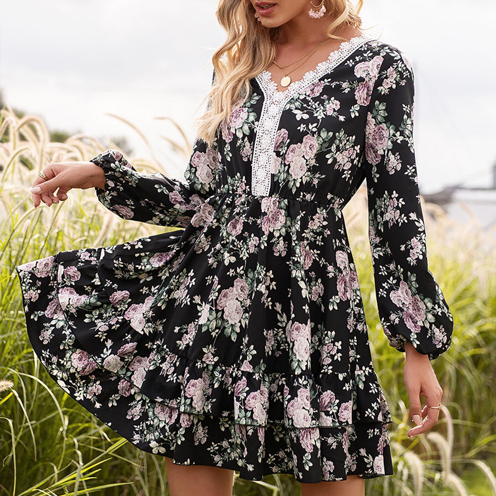 

Women Fashion Sleeve Long Sleeve Floral Print Lace V-neck Dress L чорний