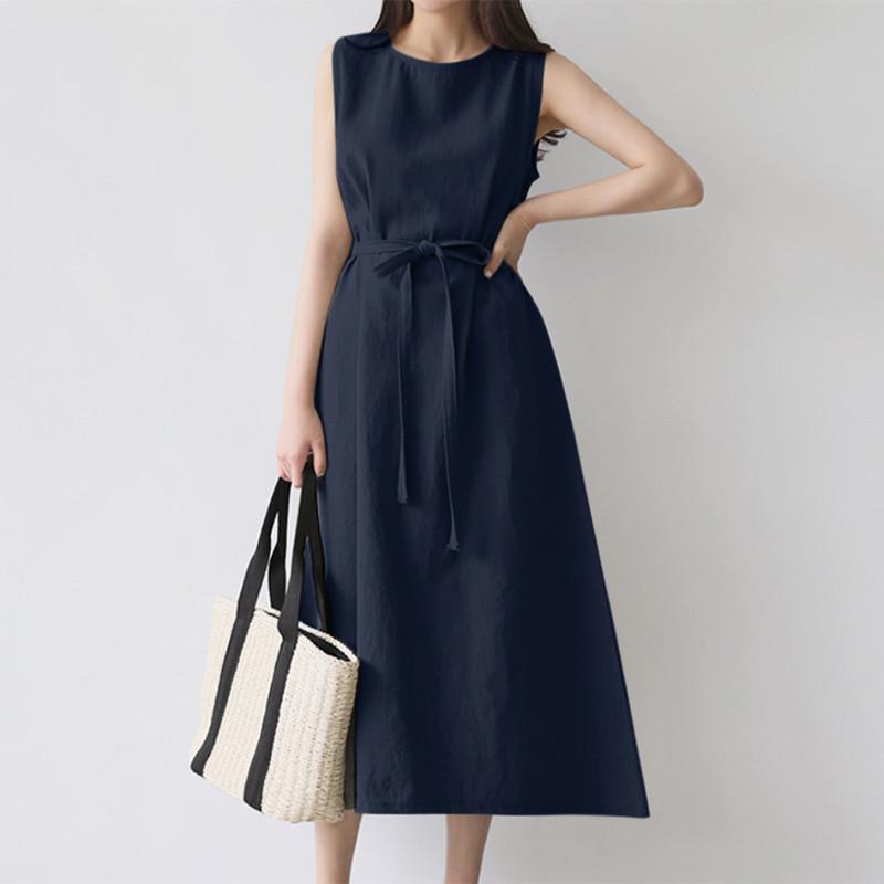 Boho Solid Long Dress for Women Crew Neck Sleeveless Tie Waist Dress Summer Casual Loose Work Vacation Dress Cotton Breathable Lightweight Soft Dress