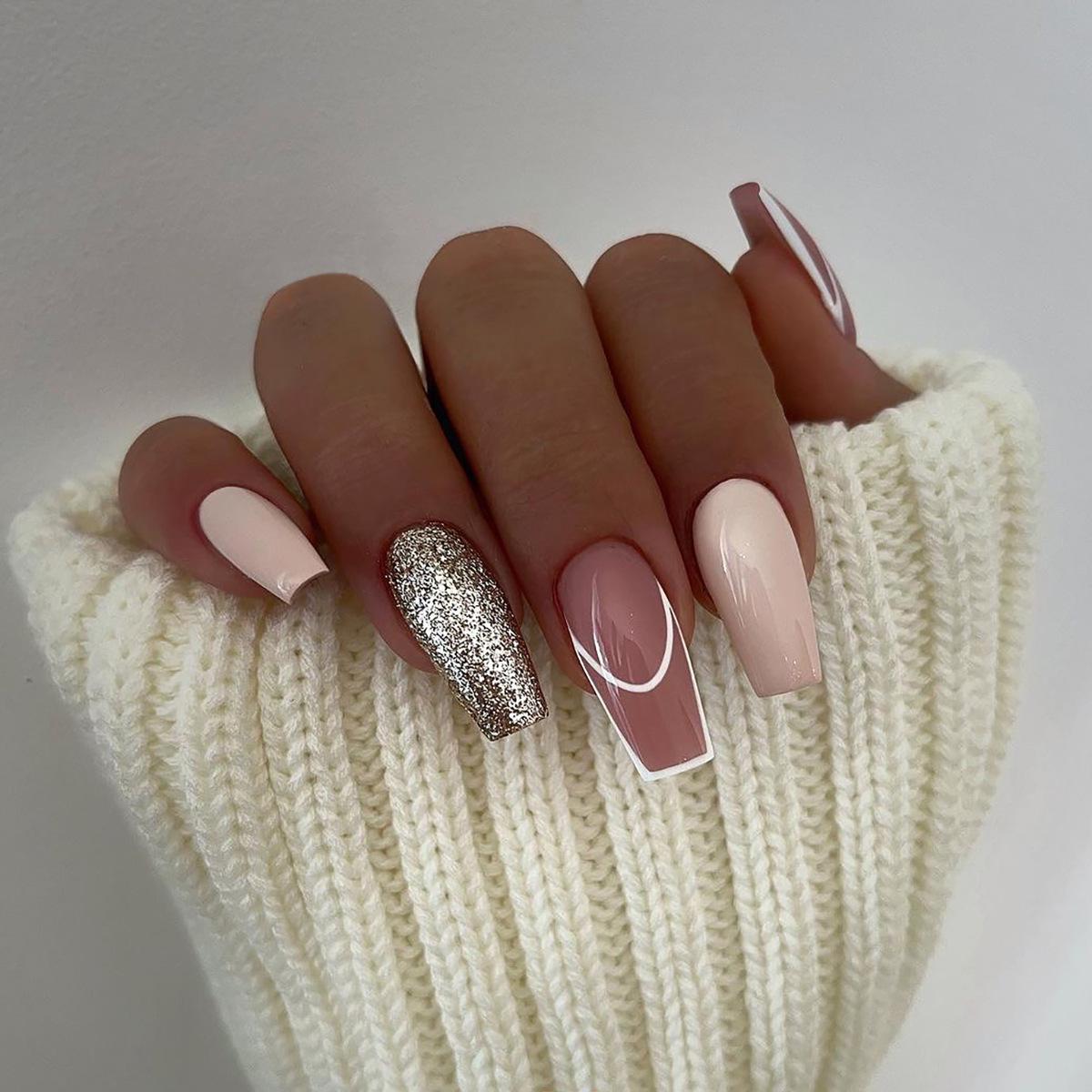 

Pink French Nails with Silver Glitter and White Arc Lines - Reusable Glue Version