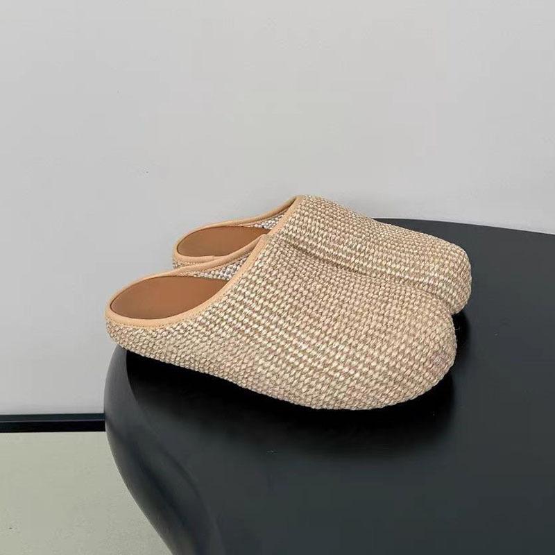 Fashion Spring/Summer Retro Big Round Headed Woven Flat Slippers European American Fashion Sizes 35-45 Outdoor Low Heel Half Slippers