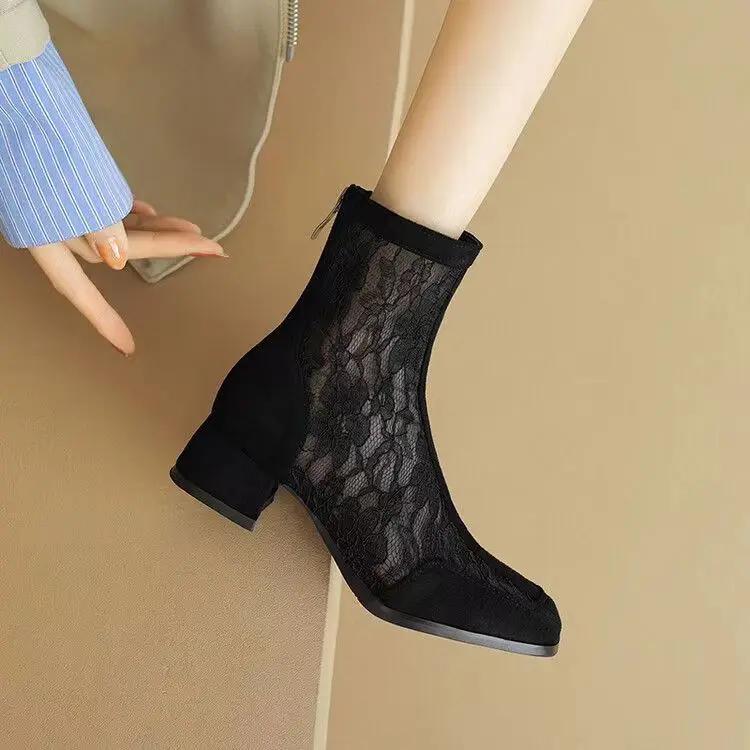 

Новые дышащие сетчатые кружевные женские туфли летние ботильоны на тонком высоком каблуке сексуальные босоножки ботинки челси женский стиль 39