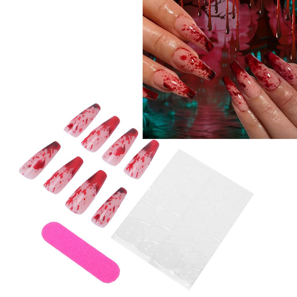 24Pcs False Nails Red Black Smudging Reusable Artificial Nail Extension Tips for Holiday Dance Party    