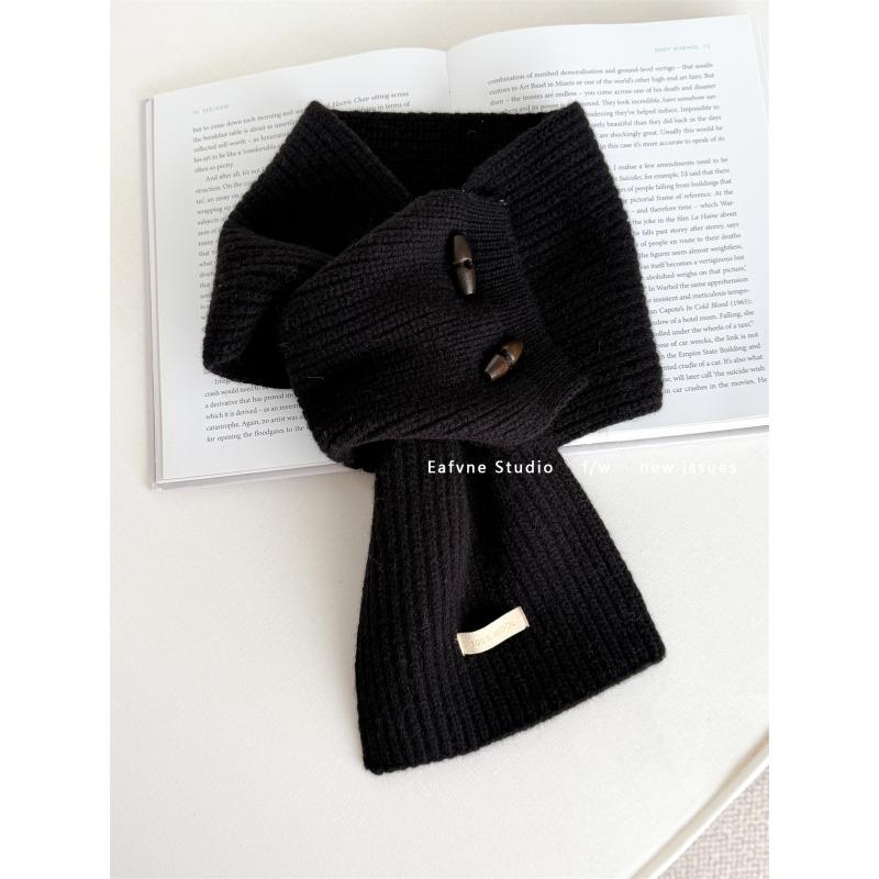 Pure Wool Horn Button Scarf Solid Color Small Scarf Cross Ladies Lazy Warm Autumn and Winter Collar