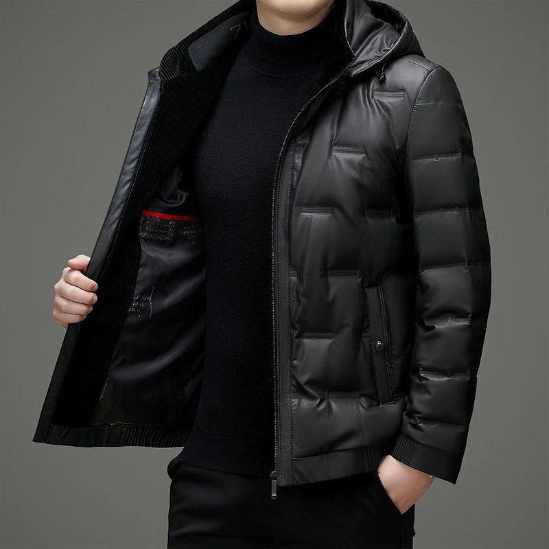 2025 Winter Men's Shiny Leather Hooded Down Jacket - Casual, Warm, Pure Color Outerwear