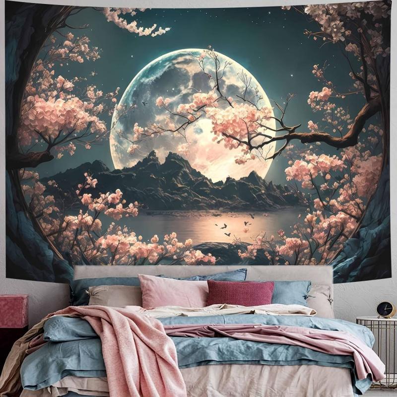 Peaceful Cherry Blossoms And Moon Scenery Tapestry Bedroom Living Room Dormitory Polyester Fiber Wall Hanging
