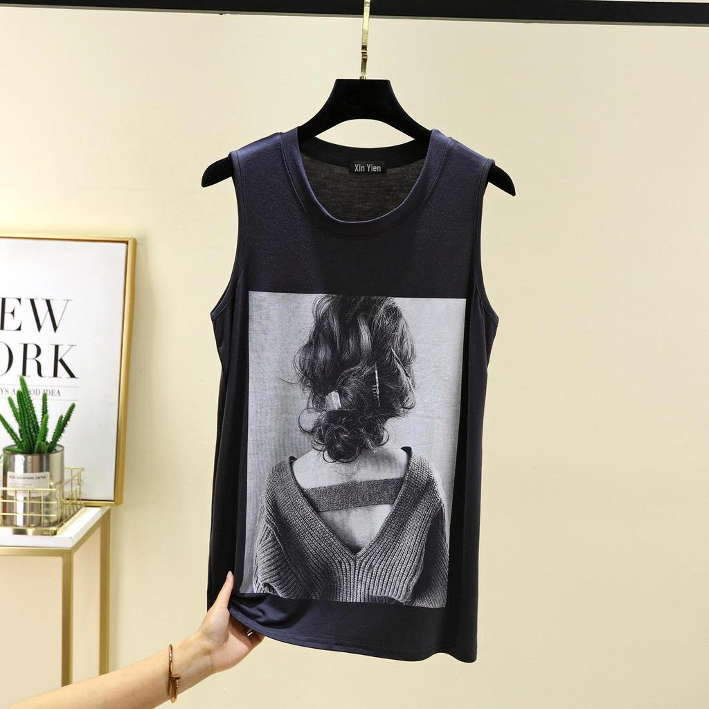 Letnia Bezrękawnikowa Kamizelka z Okrągłym Dekoltem i Nadrukiem z Modal