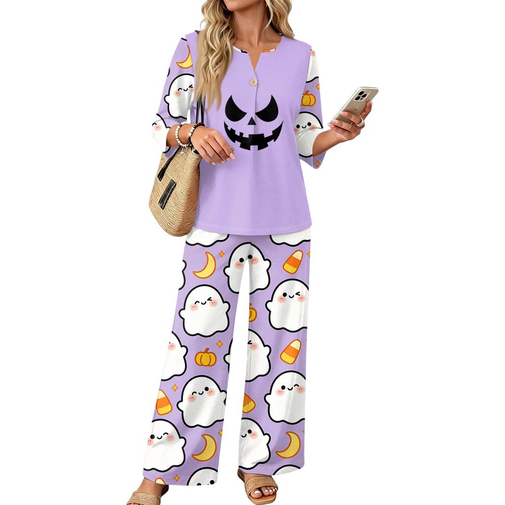 Women's Casual Halloween Print 3/4 Sleeve Button Top and Wide Leg Pants 2-Piece Set