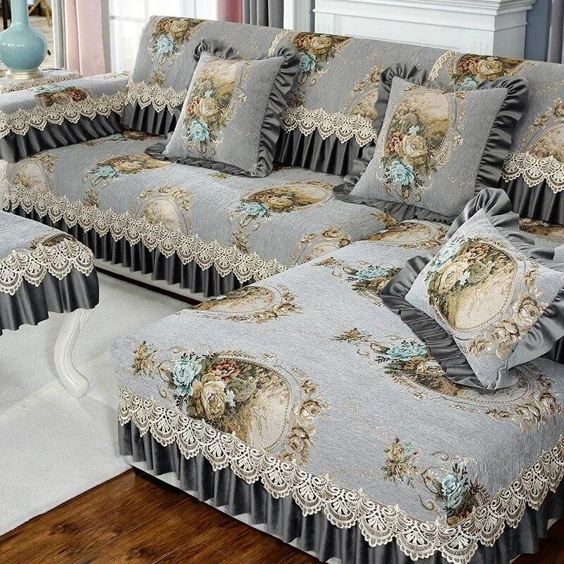 Luxury Chenille Sofa Mat European Style Large Flower Fabric Anti Slip Seat Cushion Winter Solid Wood Full Coverage Sofa Cover