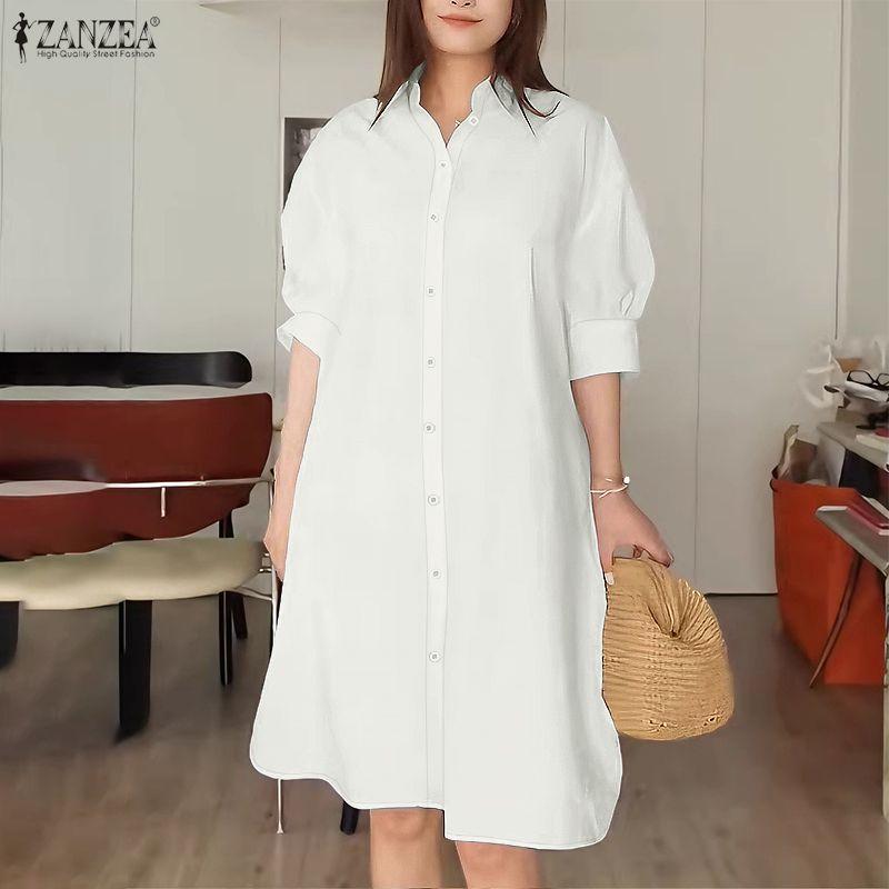 ZANZEA Vestito camicia a maniche corte con colletto rovesciato casual da donna, tinta unita