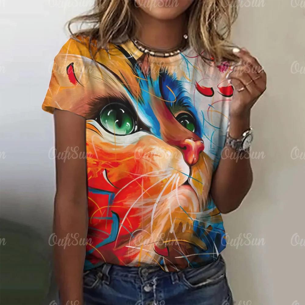 Summer Round Neck 3D Cat Printed Top Fashionable Casual Short Sleeved Women's T-shirts