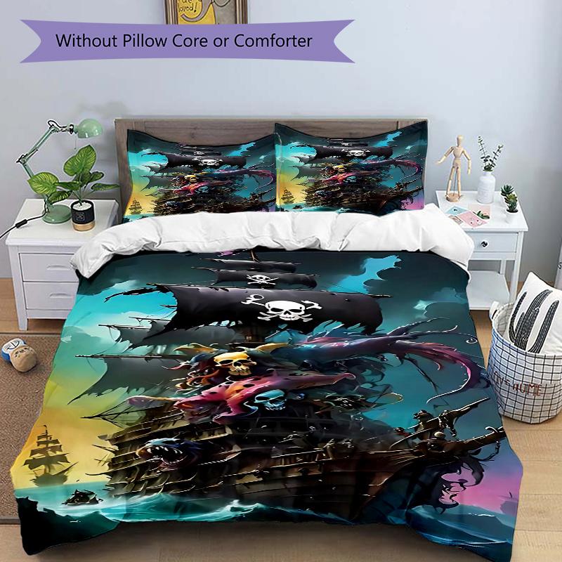 

3pcs Pirate Ship Bedding Set - Includes One Quilt Cover and Two Pillowcases (No Core) - Home Decor, Festival Gift, Polyester Fabric, Anime Cartoon Des 135x200cm