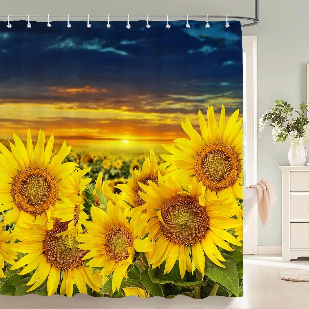 Rurality Fresh Flowers Wall Shower Curtains Bathroom Shower Curtain 3D Fabric Bath Curtain With Hooks Waterproof Bath Screen