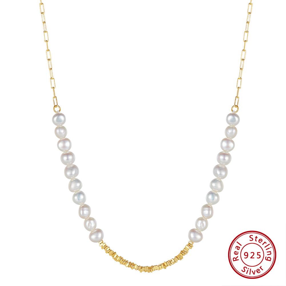 EFFIE QUEEN Elegant 925 Sterling Silver Women's Luxury Natural Pearl Necklace 14K Gold Plated Simple Choker Chain Gift GPN68