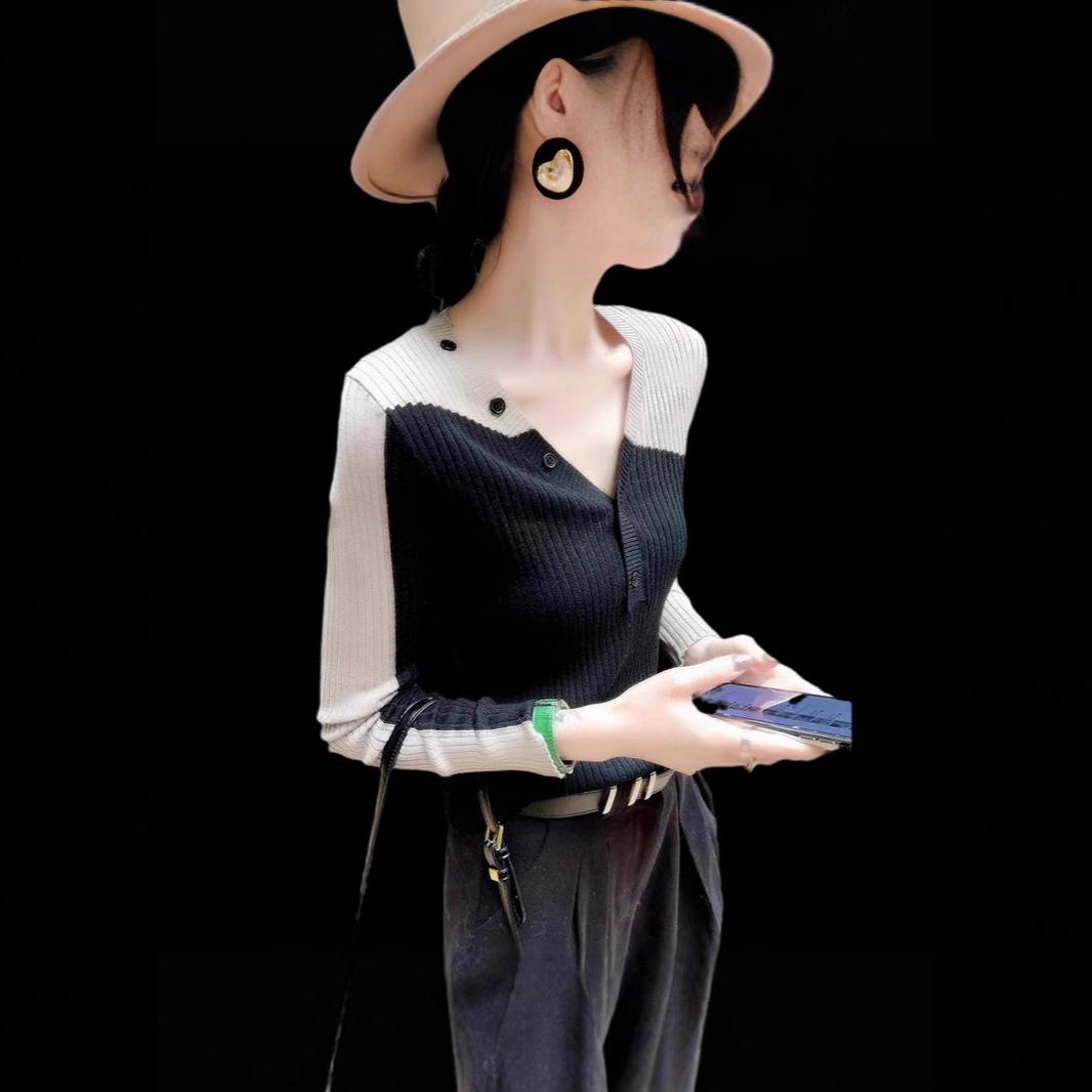 

Stylish Color Block V-neck Ribbed Knitted Sweater for Women - Spring to Winter Base Layer One Size чёрный