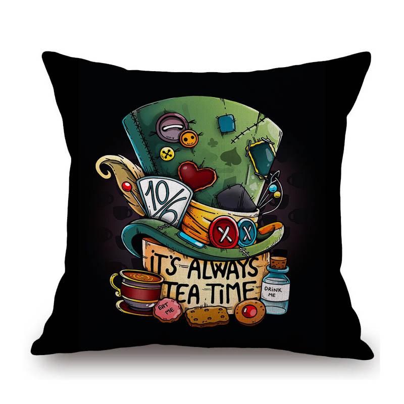 Alice Wonderland Mad Hatter Cartoon Art Tea Time Cartoon Sofa Throw Pillow Case Cotton Linen Car Bench Chair Cushion Cover
