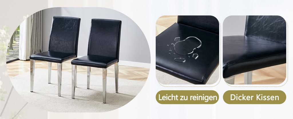 [2 Minimalist Dining Chairs] European Light Luxury In Black-Silver: Black PU Leather + Silver Metal Legs, Fits Modern Dining Rooms, Living Rooms.
