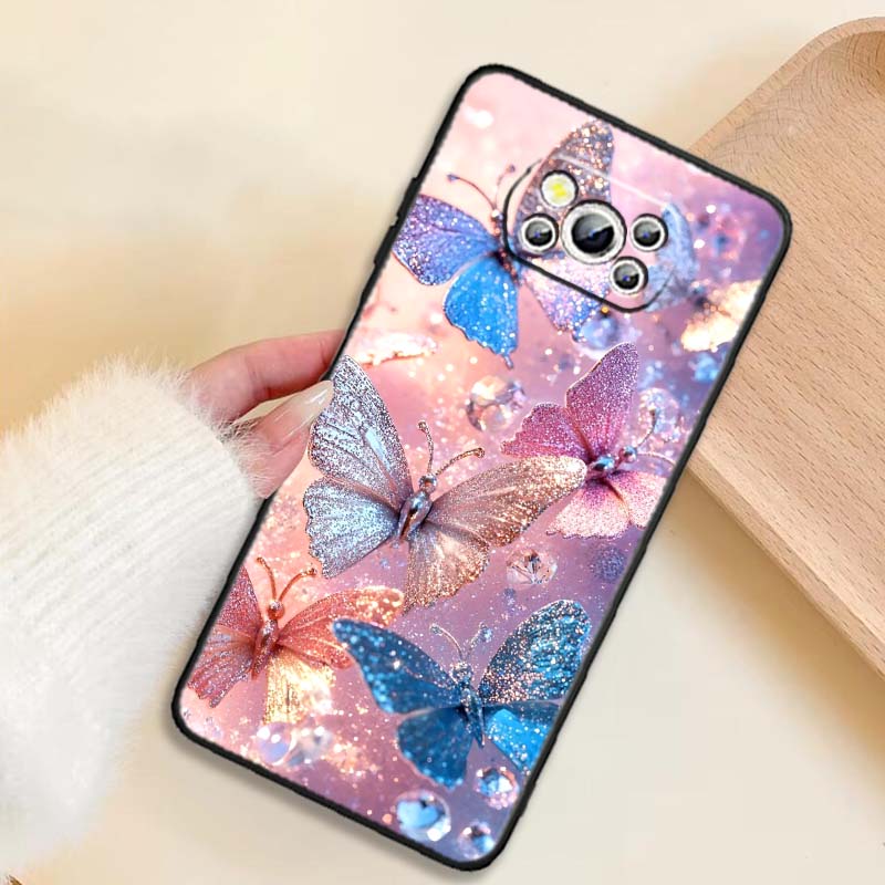 Butterfly Flower Pattern Phone Case For Xiaomi Mi Poco F3 F4 F5 F6 X3 X4 X5 X6 X7 M3 M4 M5 M6 M7 GT Pro 5G Black